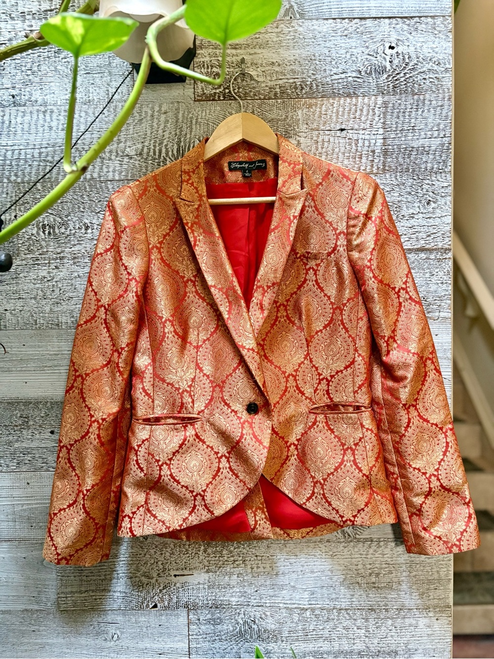 Elizabeth and James | Metallic Brocade Paisley Blazer Jacket - Sz 6, Coral/Gold